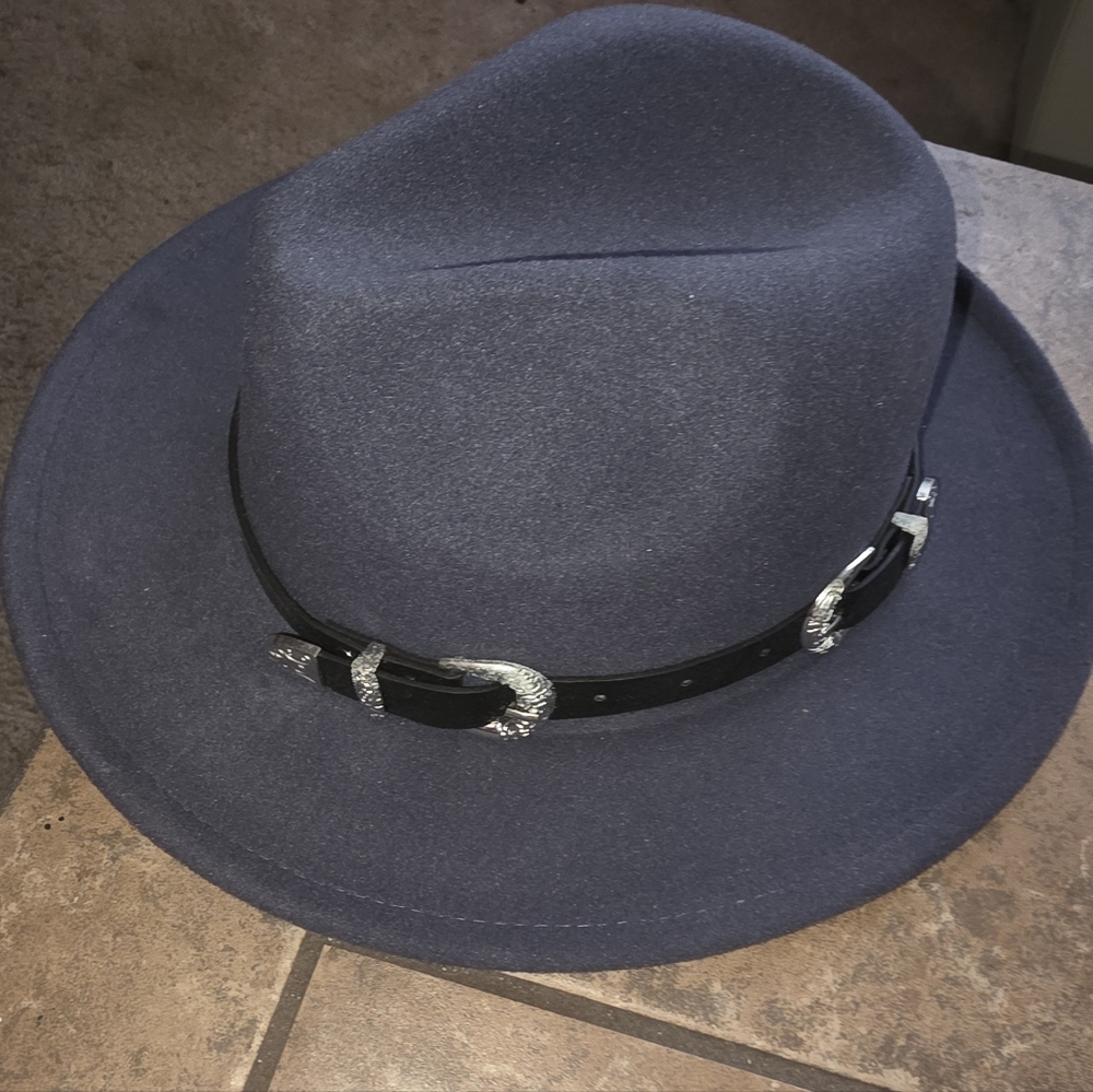 Time And Tru Blueish Grey Felt Fedora Hat With Black Silver Buckle Detail
